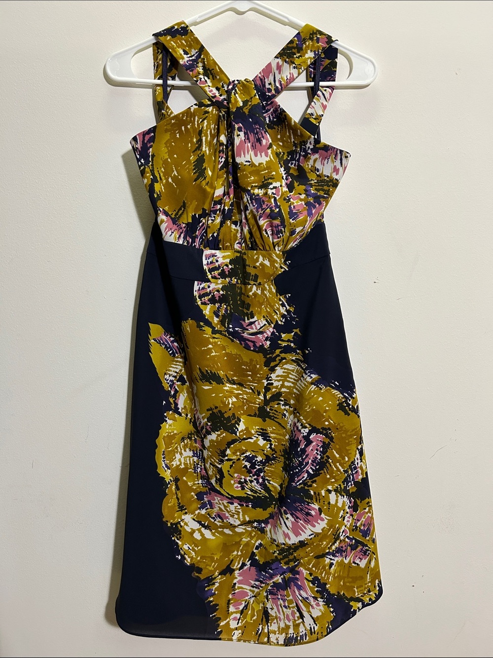 The Limited Cross Front Shoulder Floral Midi Dress in Mustard and dark purple